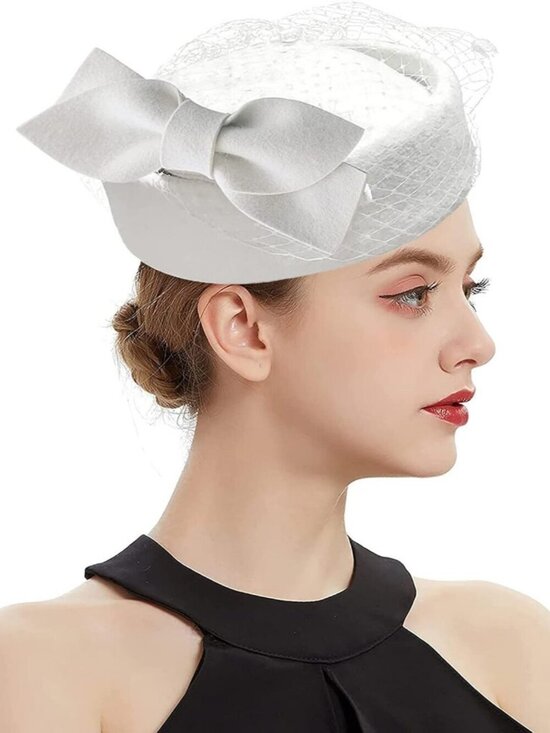Women\'s British Style Pillbox Church Derby Wedding Winter Vintage Veil Hat White